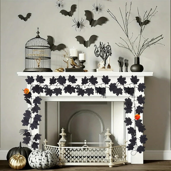 Coollooc Black Maple Leaf Garland, Halloween Artificial Hanging Fall Leave Vines, Fall Floral Garlands Thanksgiving Decor for Home Wedding Party(A,Black)
