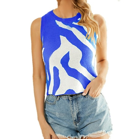 

ZHAGHMIN Women Printing Knitting Crop Tops Strapy Round Neck Camisole Sleeveless Tank Vest Cute Casual Camis Tops for Women 2023 Summer Blue SizeM
