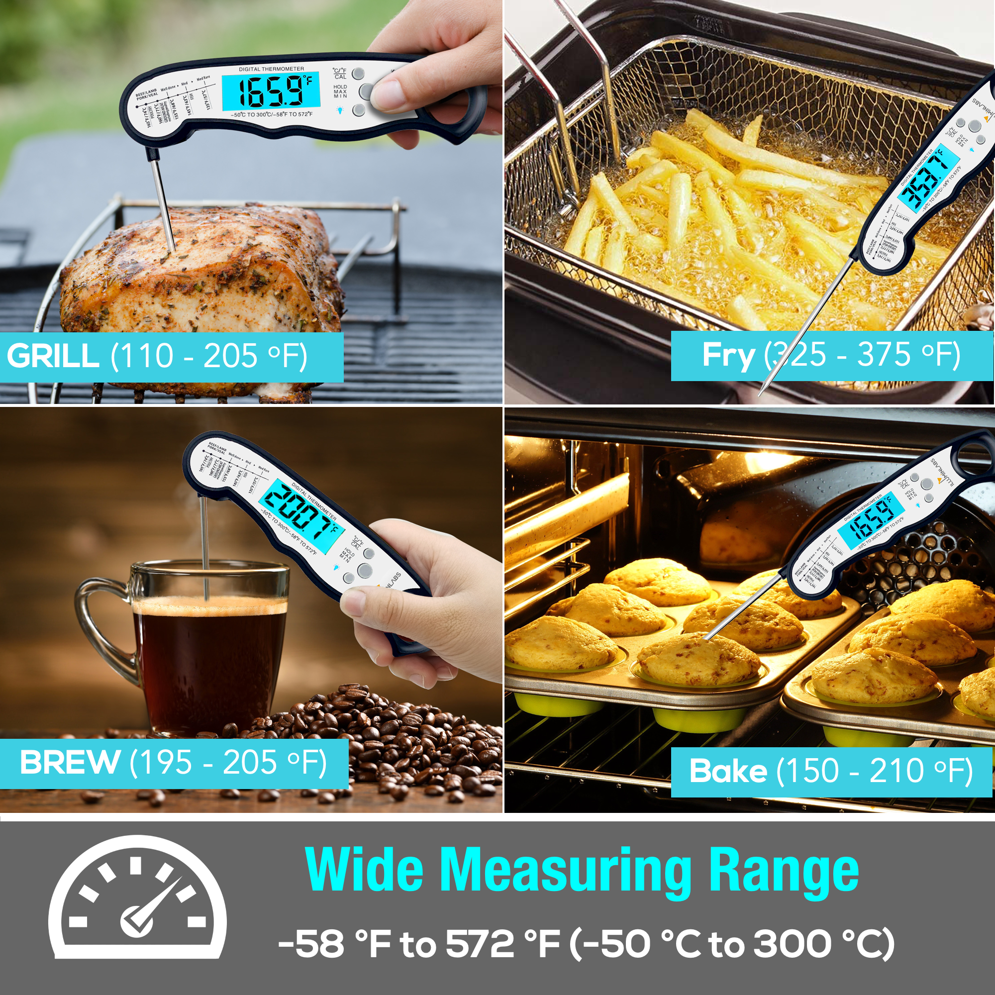 Illuminlabs Meat Thermometer - Instant Read Digital Food Thermometer for Cooking, Candy, Oven, Grill and Deep Fry. Accurate and Wide-Range Kitchen Thermometer with Probe, Waterproof, Pre-Calibrated - image 4 of 9