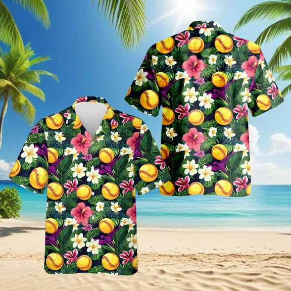 Tropical Softball Hawaiian Shirt for Men, Sporty Style, Button Down Summer Beach Short Sleeve, S-5XL