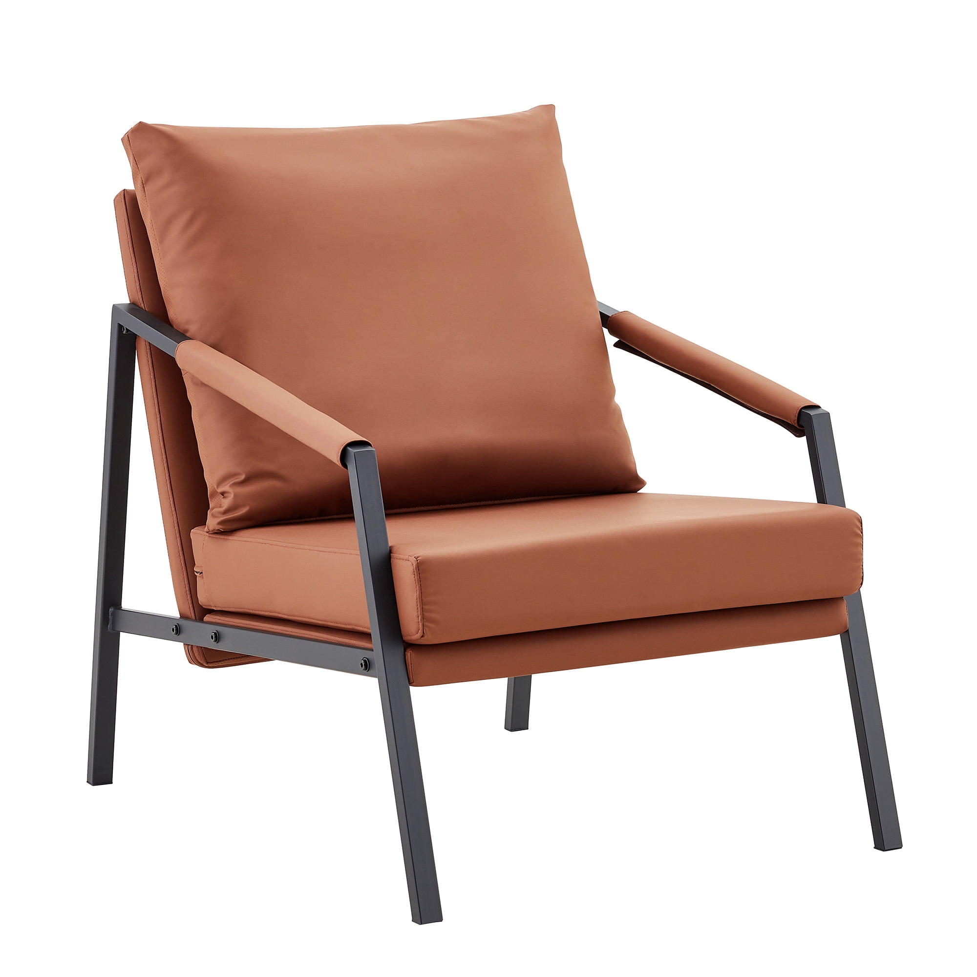 Alvantor Brown Faux Leather Accent Chair with Black Metal Frame and Armrests