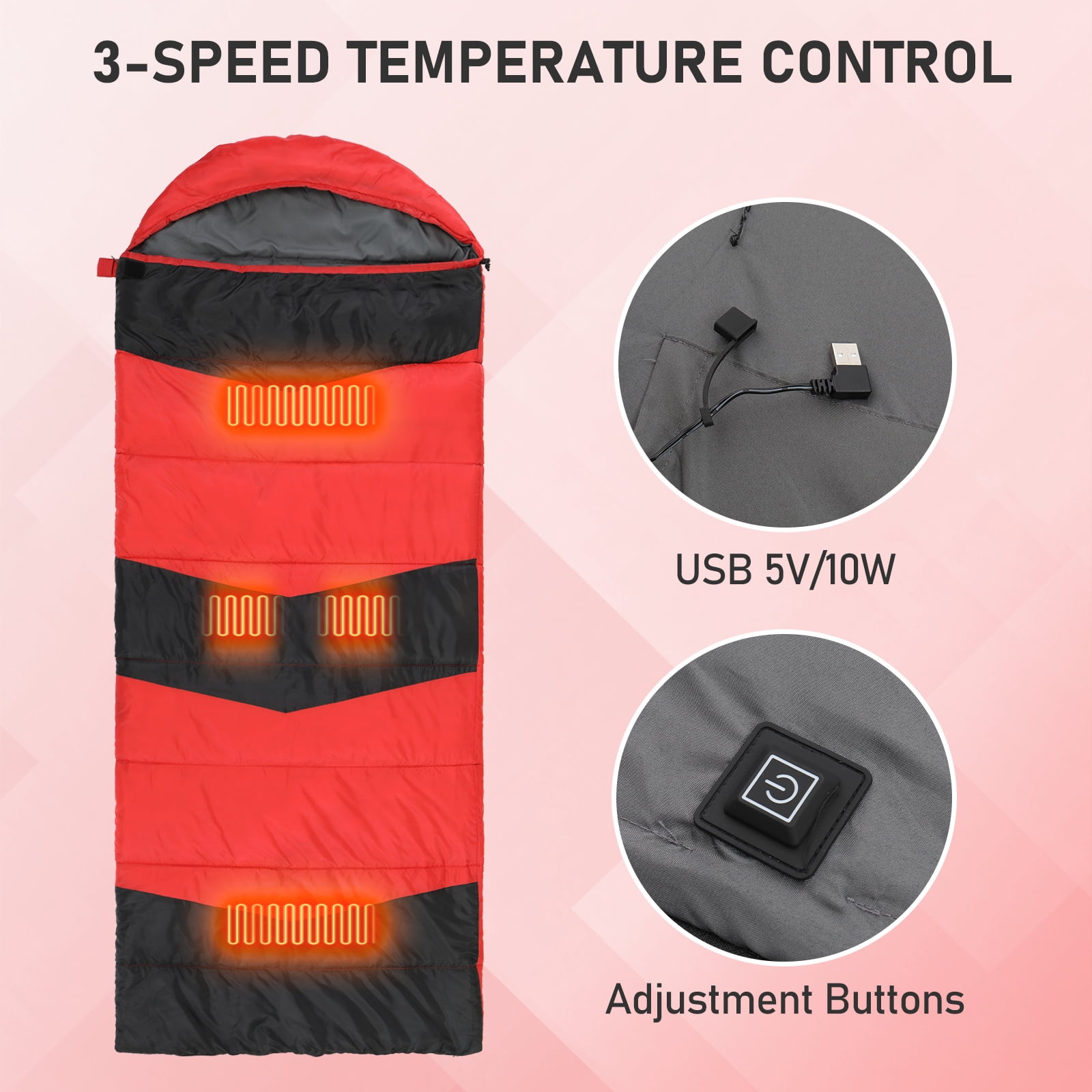 Heated Sleeping Bag, Lightweight Sleeping Bag with Multi USB Powered Heating Pads, Waterproof Compact Envelope Sleeping Bag for Backpacking Hiking, Red