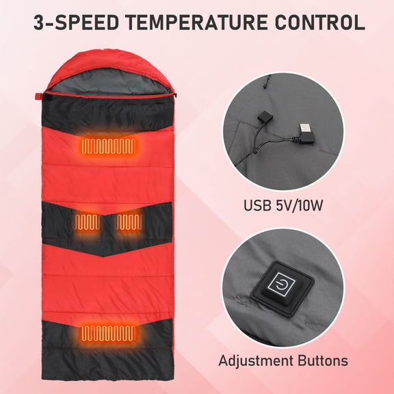 Rectangular Heated Sleeping Bag, Lightweight Sleeping Bag with Multi USB Powered Heating Pads, Waterproof Compact Envelope Sleeping Bag for Backpacking,red