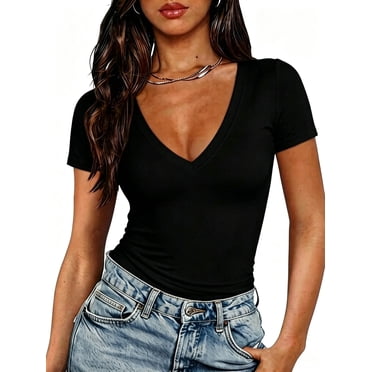 MOYIKO Slim Fitted T Shirts for Women Deep V Neck Short Sleeve Tees Elegant Summer Tops
