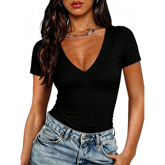 MOYIKO Slim Fitted T Shirts for Women Deep V Neck Short Sleeve Tees Elegant Summer Tops