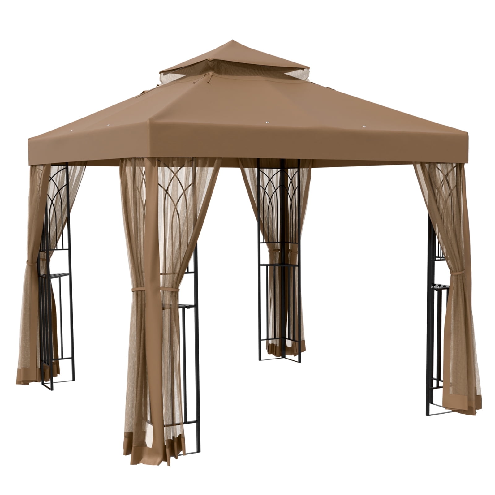 INTER HUT 8x8 Metal Patio Double Soft Roof Gazebo Outdoor Canopy Tent with Netting, Ceiling Hook, Shelves