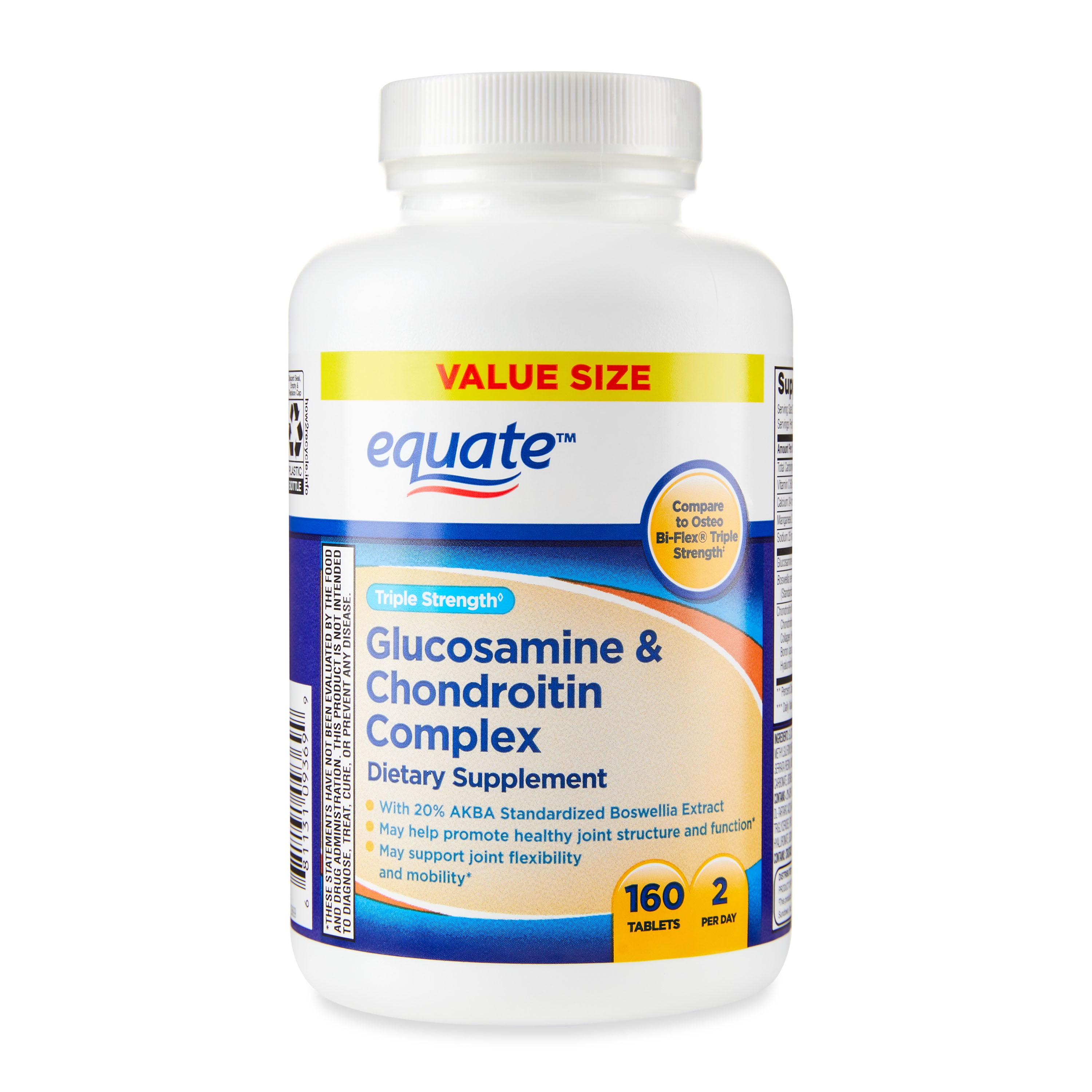 Equate Triple Strength Glucosamine & Chondroitin Complex Tablets Dietary Supplement Value Size, 160 Count