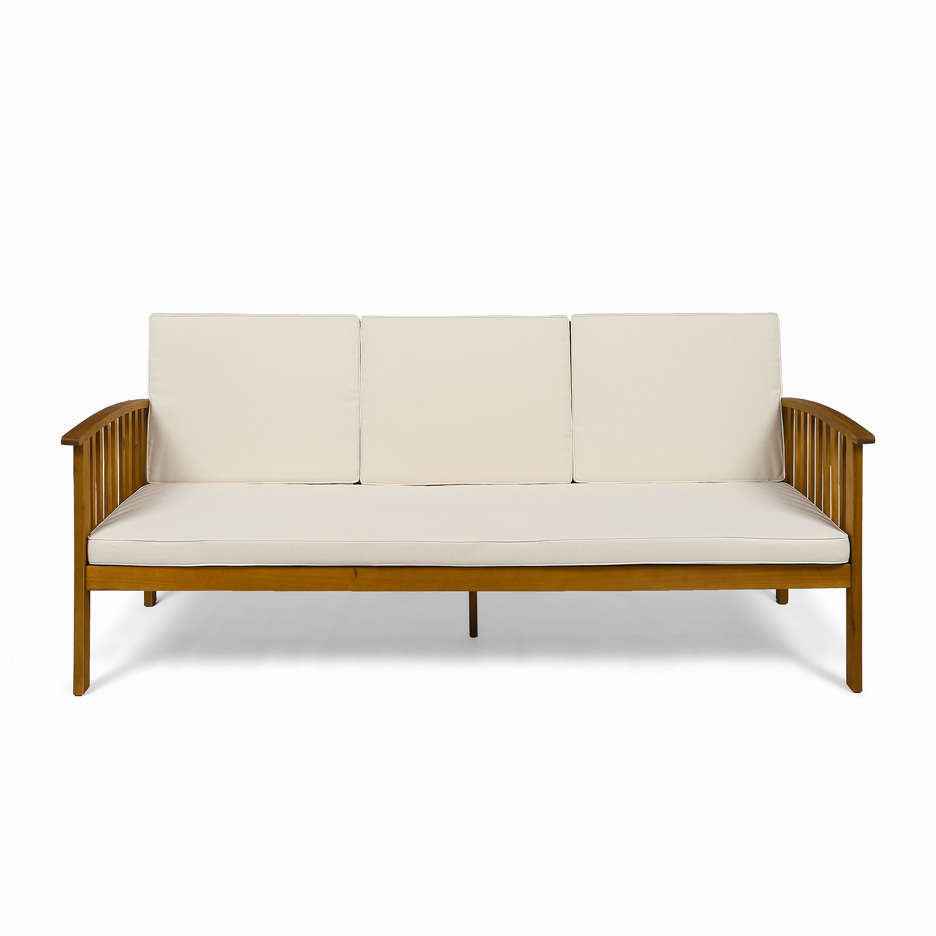 Outdoor 3 Seater Leisure Sofa, Solid Acacia Wood Frame Outdoor Couch for Patio Garden, Teak and Beige