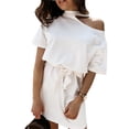 thumbnail image 2 of Zeus Women Stylish Solid Color Halter One Shoulder Short Sleeve Waist Belt Mini Dress, 2 of 7