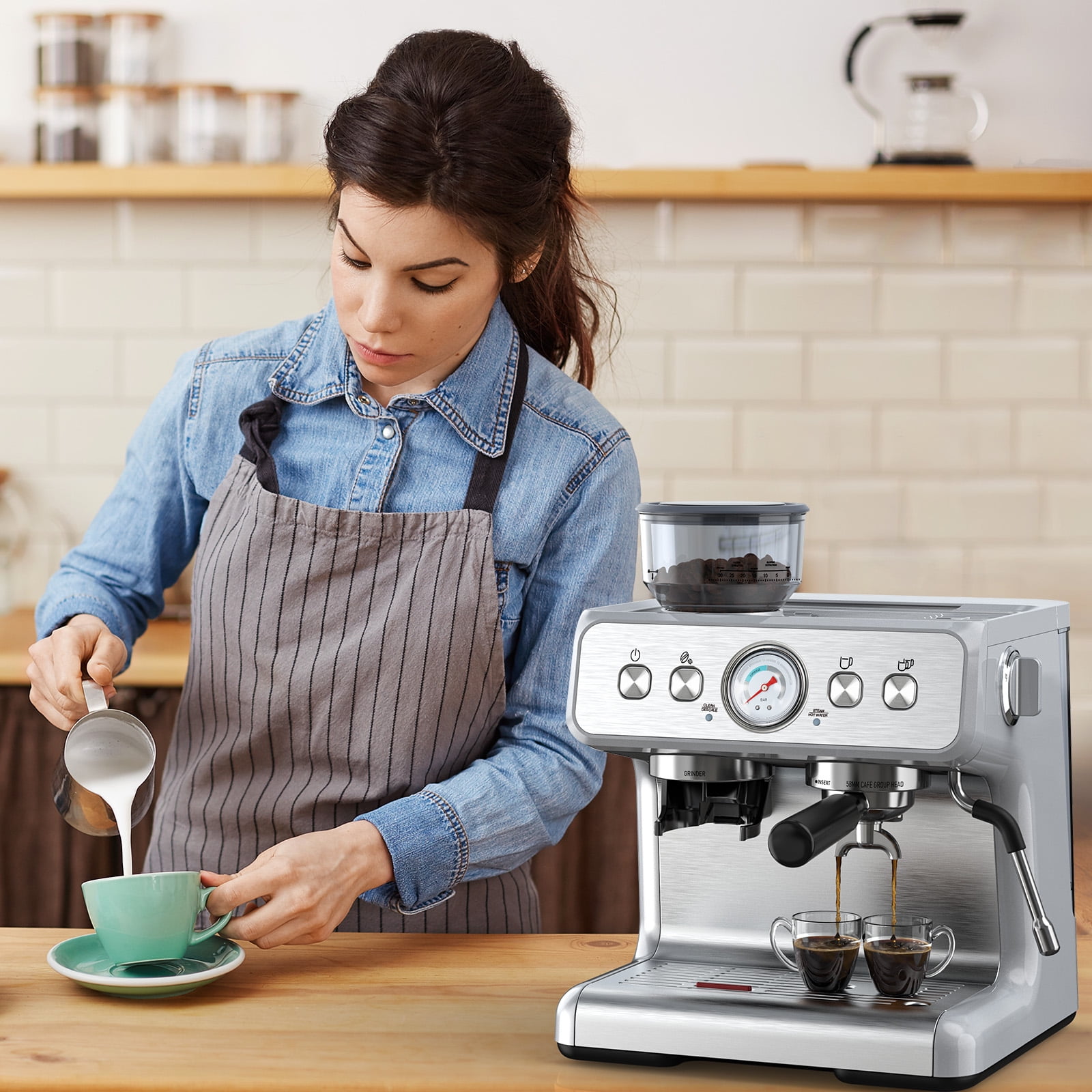 Espresso Machine,15 Bar Professional Espresso Maker with Coffee Bean Grinder Milk Frother,Coffee Machine for Espresso/Cappuccino/Latte,Single & Double Cup,Stainless Steel