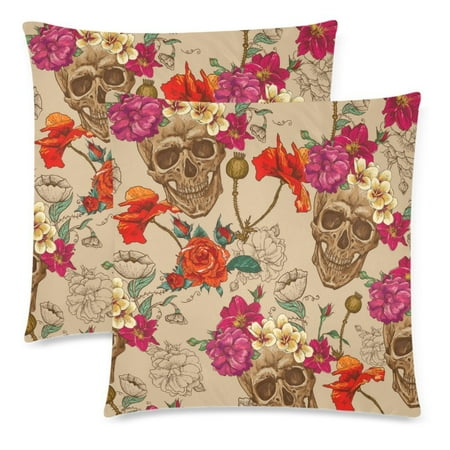 Floral Sofa Set YKCG Skull and Flower Pillowcase Protector 18x18 Cushion Cover Case Twin Sides, Floral Zippered Throw Pillow Case Cover Decorative for Couch Bed, Set of 2 ()