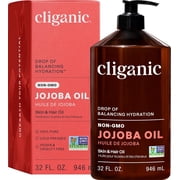 Cliganic Jojoba Oil Non-GMO, Bulk 32oz | 100% Pure, Natural Cold Pressed Unrefined Hexane Free Oil for Hair & Face