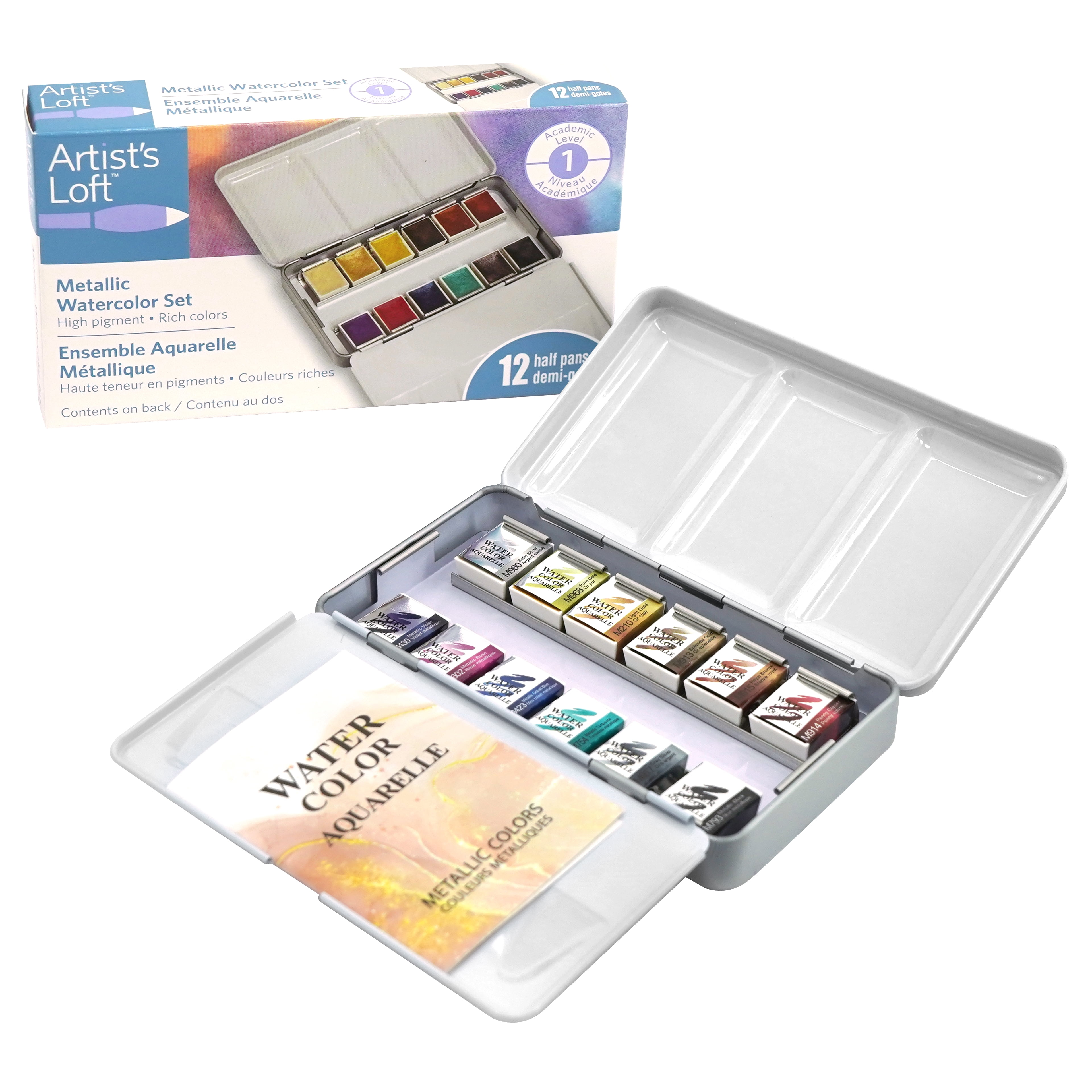 Artist's Loft 12 Half Pans Metallic Watercolor Set - Highly Pigmented Metallic Paints in Metal Tins - Ideal for Watercolor Painting, Mixed Media, and Cardmaking, 6 Pack