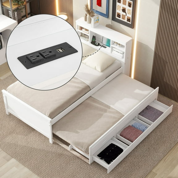Harper & Bright Designs Twin Size Platform Bed with Trundle, Storage Platform Bed with 3 Drawers and Storage Headboard, USB Ports and Plug, Wood Platform Bed with Bookcase, White