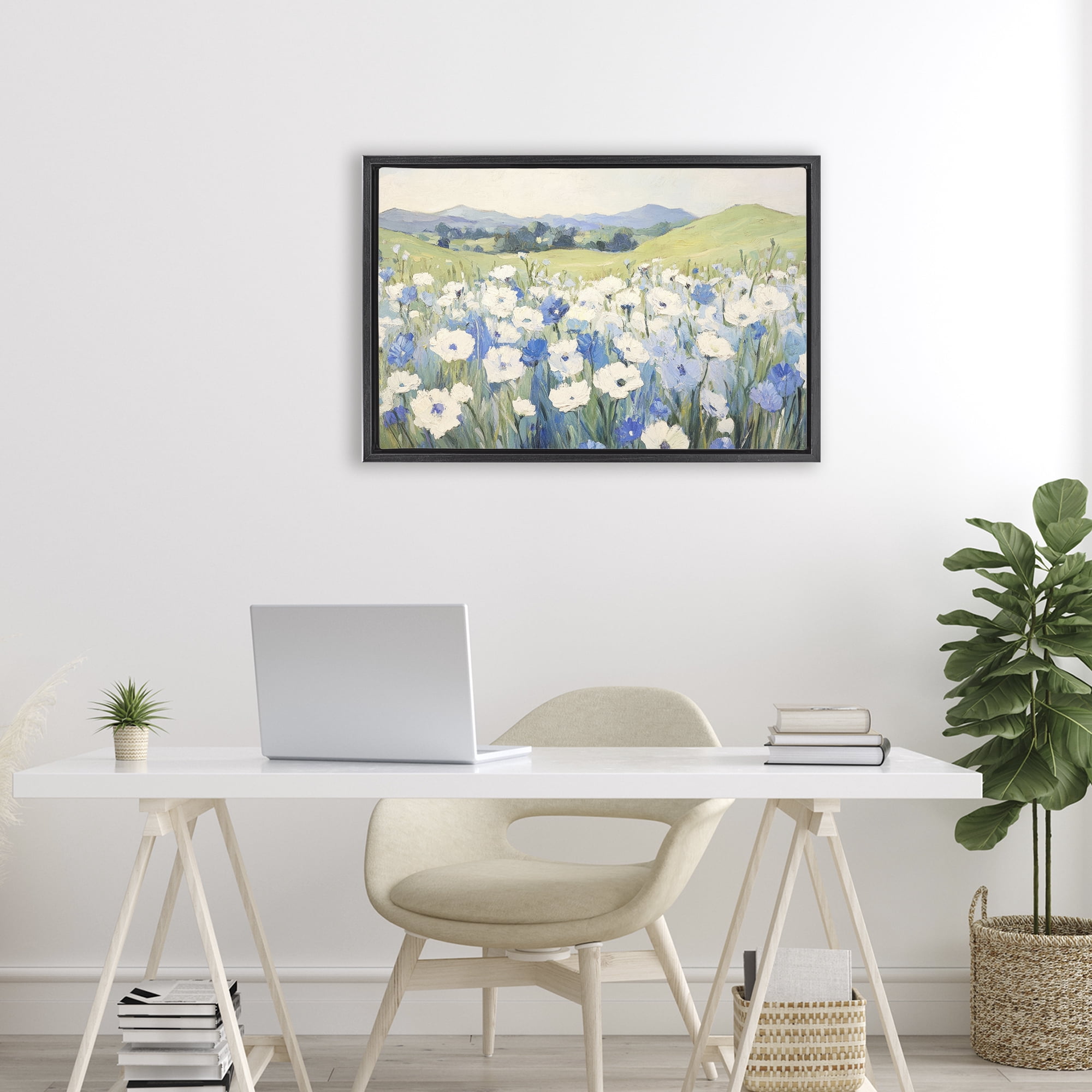 Stupell Industries Blue & White Daisies Black Framed Floater Canvas Wall Art, design by Petal Prints Design