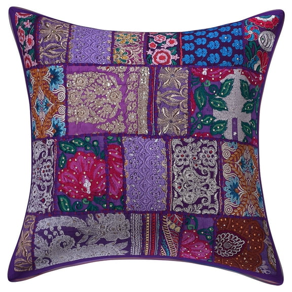 Stylo Culture Indian Cotton Living Room Throw Pillow Sham Cover Purple 20x20 Bohemian Vintage Patchwork Indian Couch Cushion Cover 50 x 50 cm Decorative Abstract Square Pillowcase | 1 Pc
