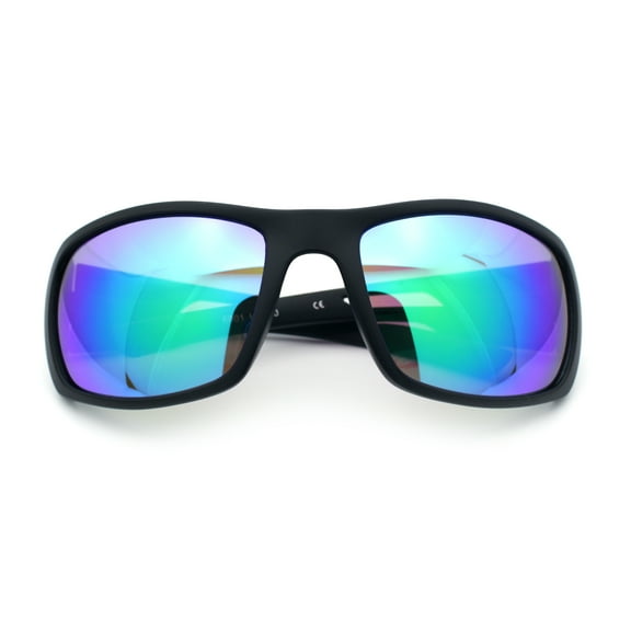 Mens Matte Classic Rectangular Wrap Around Biker Plastic Sunglasses Black - Teal Mirror