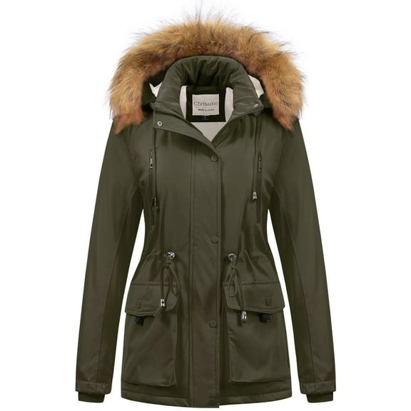 Chrisuno Women's Winter Jacket Heavyweight Medium Length Thickened Hooded Soft Sherpa Waterproof Puffy Coat Army Green XL