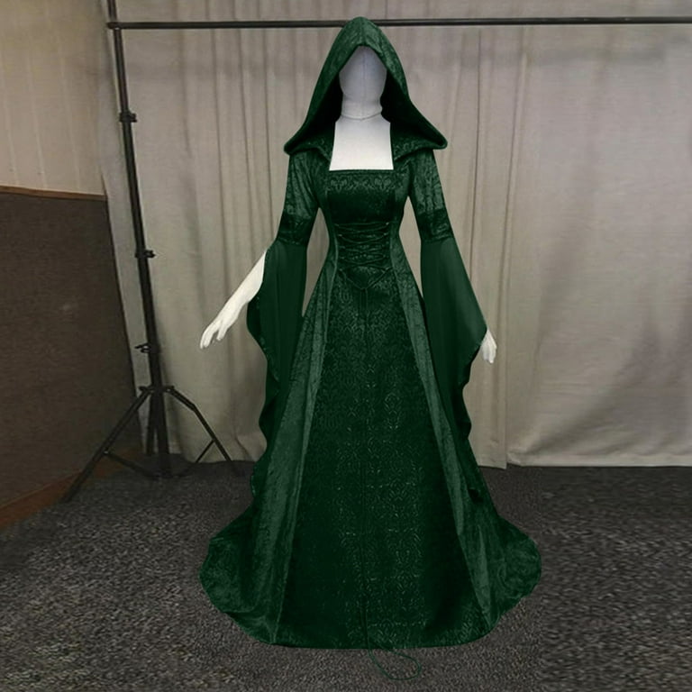 Womens Gothic Hooded Dress Long Sleeve Medieval Renaissance Costume Corset  Dresses Lace Up Vintage Ball Gown Maxi Dress Vintage Retro Wedding Gown  Tunic Witch Cloak Green M 