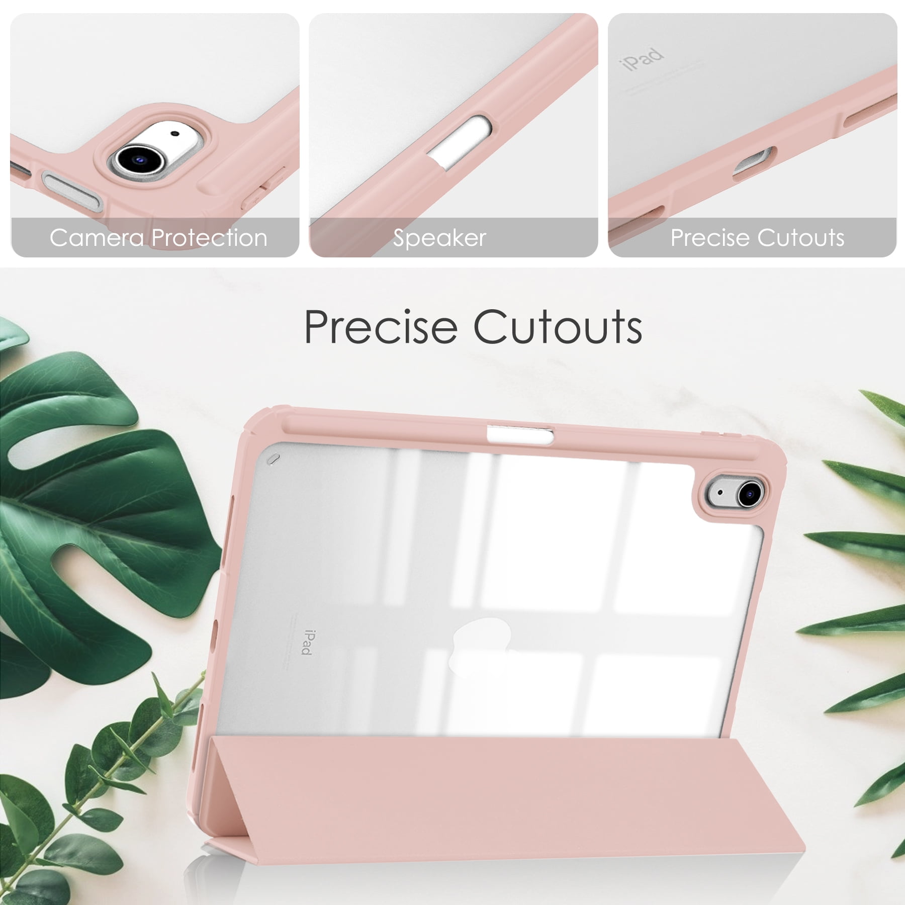 Allytech iPad 10th Generation Case with Pencil Holder, Transparent Clear Back Shell Trifold Stand Auto Sleep Wake Shockproof Drop Protective Case Cover for Apple iPad 10th Gen 2022-Rosegold