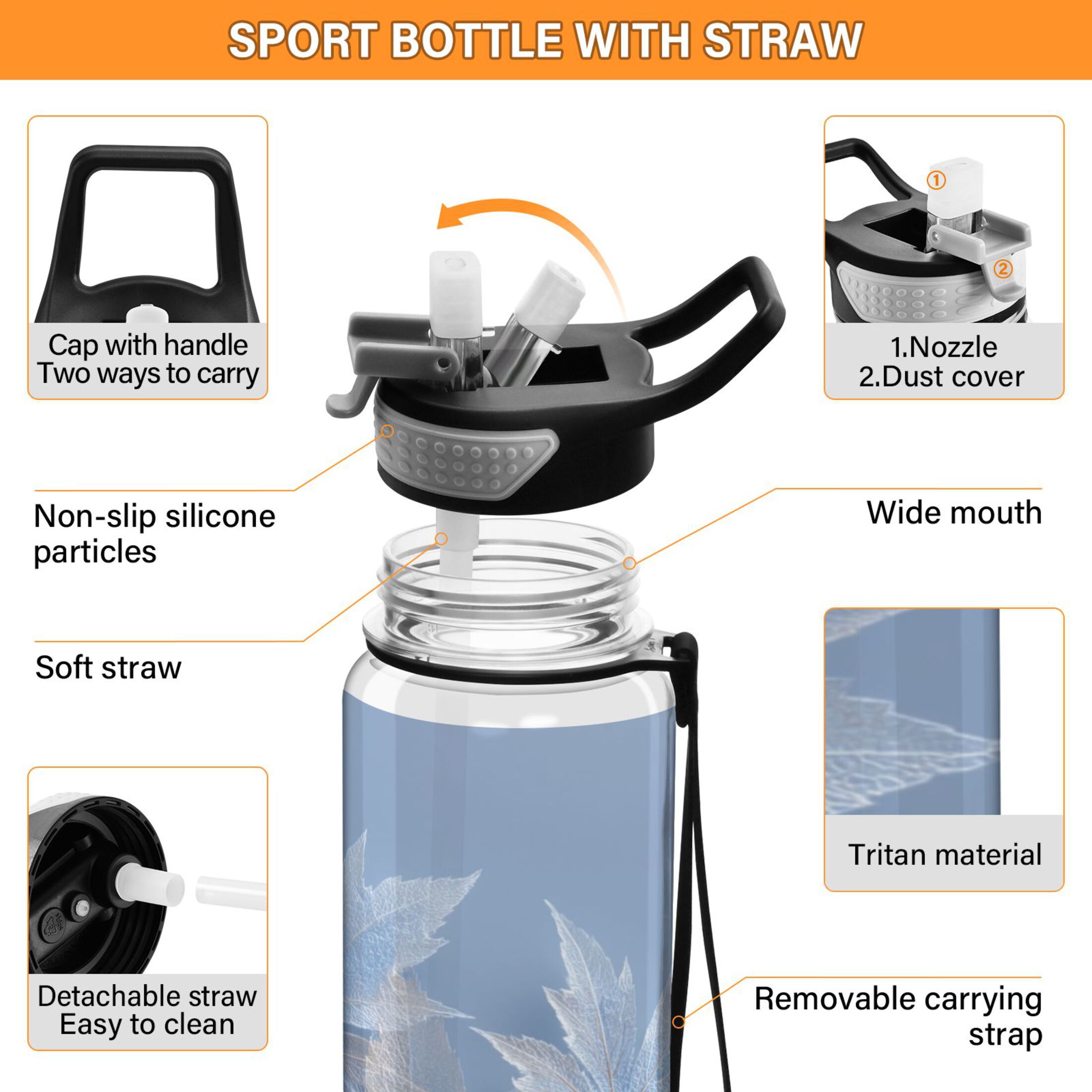 1000ML Transparent Sports Water Bottle with Handle & Straw Portable Water Bottle for Outdoor Camping Gym Glass Mapleleaves