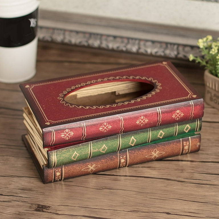 Bueautybox Retro Rectangle Top Wooden Antique Book Tissue Paper Box Holder  for Home/Office/Car Automotive Decoration