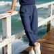 thumbnail image 5 of Pantalones largos de lino para hombre, informales, a la moda, transpirables, con cordón, cintura ajustada, piernas anchas, pantalones largos de rayón para hombre., 5 of 9