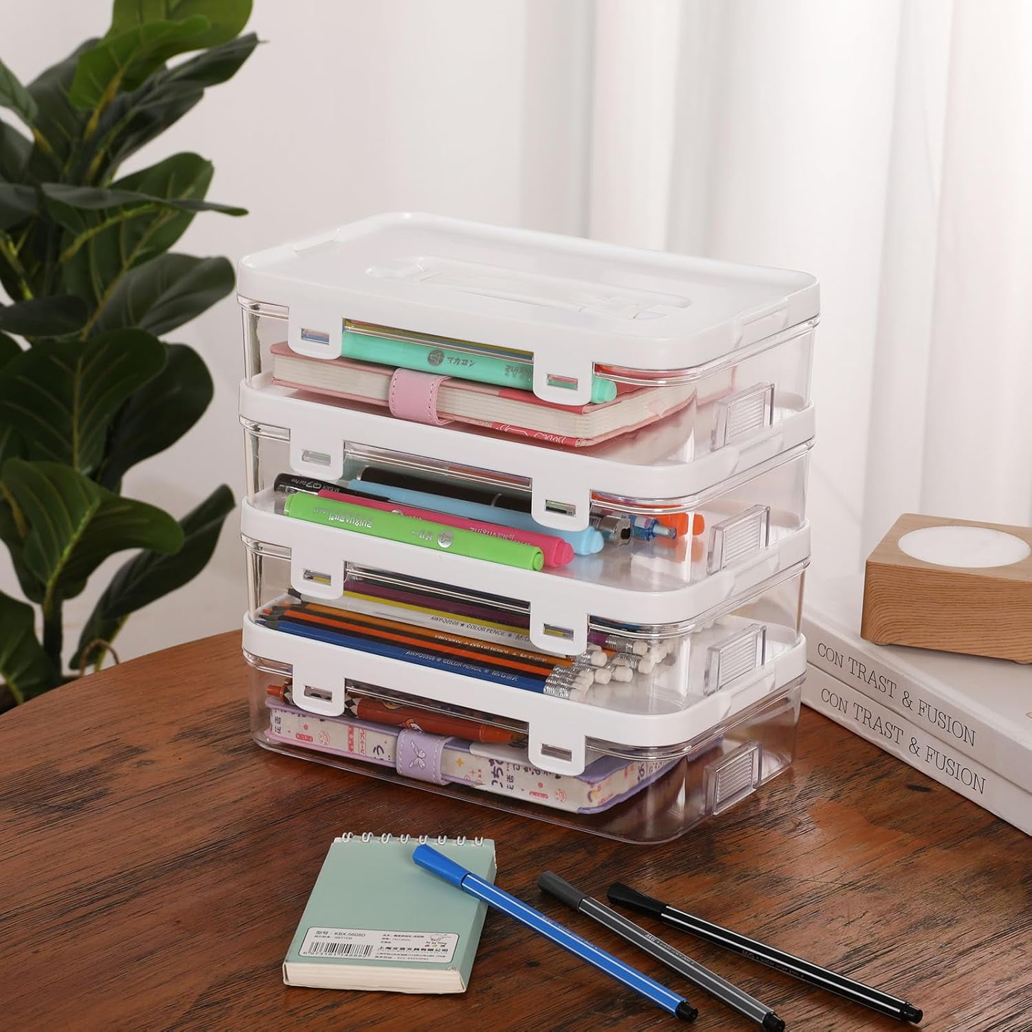 IBEQUEM 4Pcs Clear Plastic Storage Container with Lid & Handle, Multipurpose   Stackable Storage Organizer Box for Office Home Use-10 x 6 x 2.6 inch