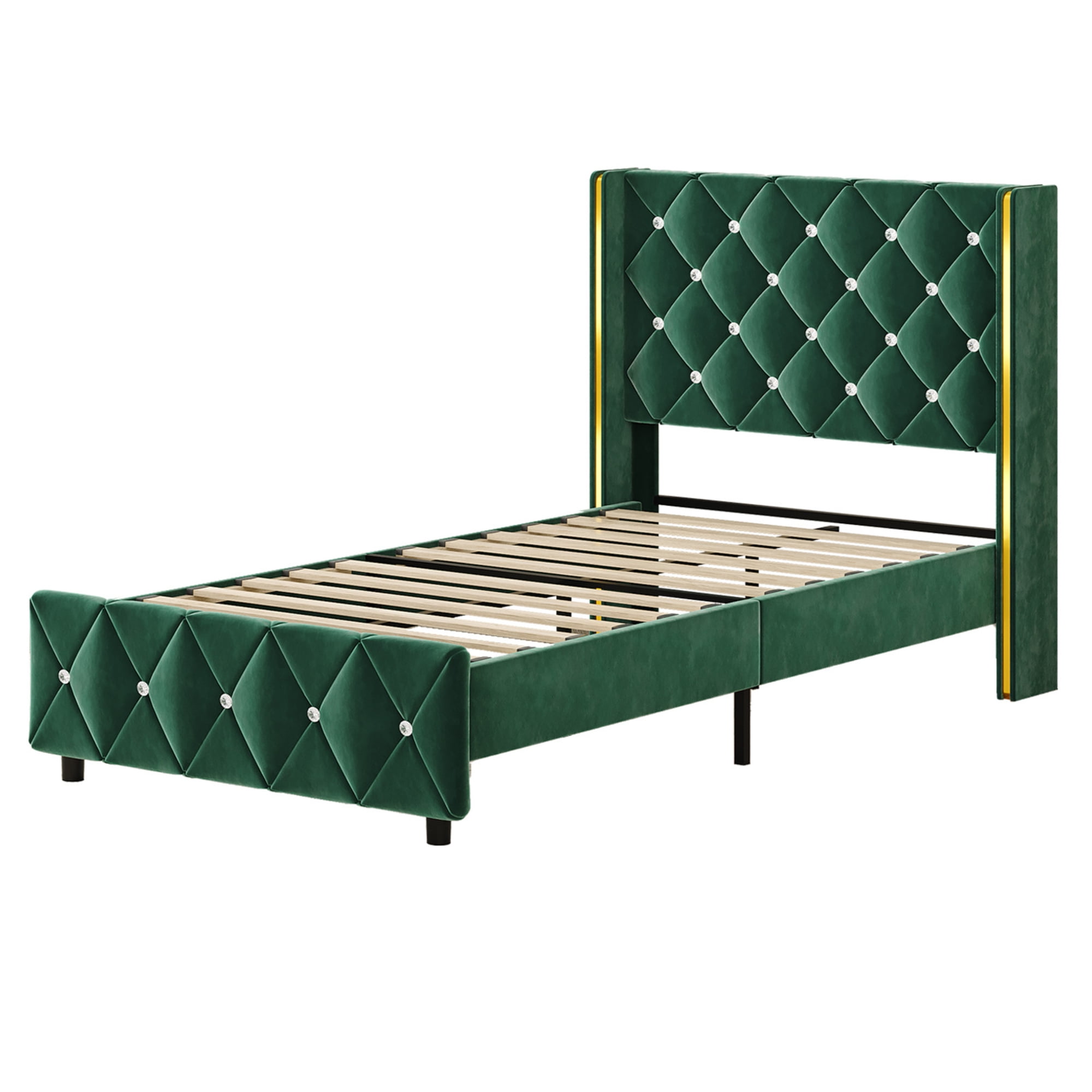 4 EVER WINNER Green Twin Velvet Bed Frame, Gold-Trim Button Tufted Headboard, No Box Spring Needed, Easy Assembly