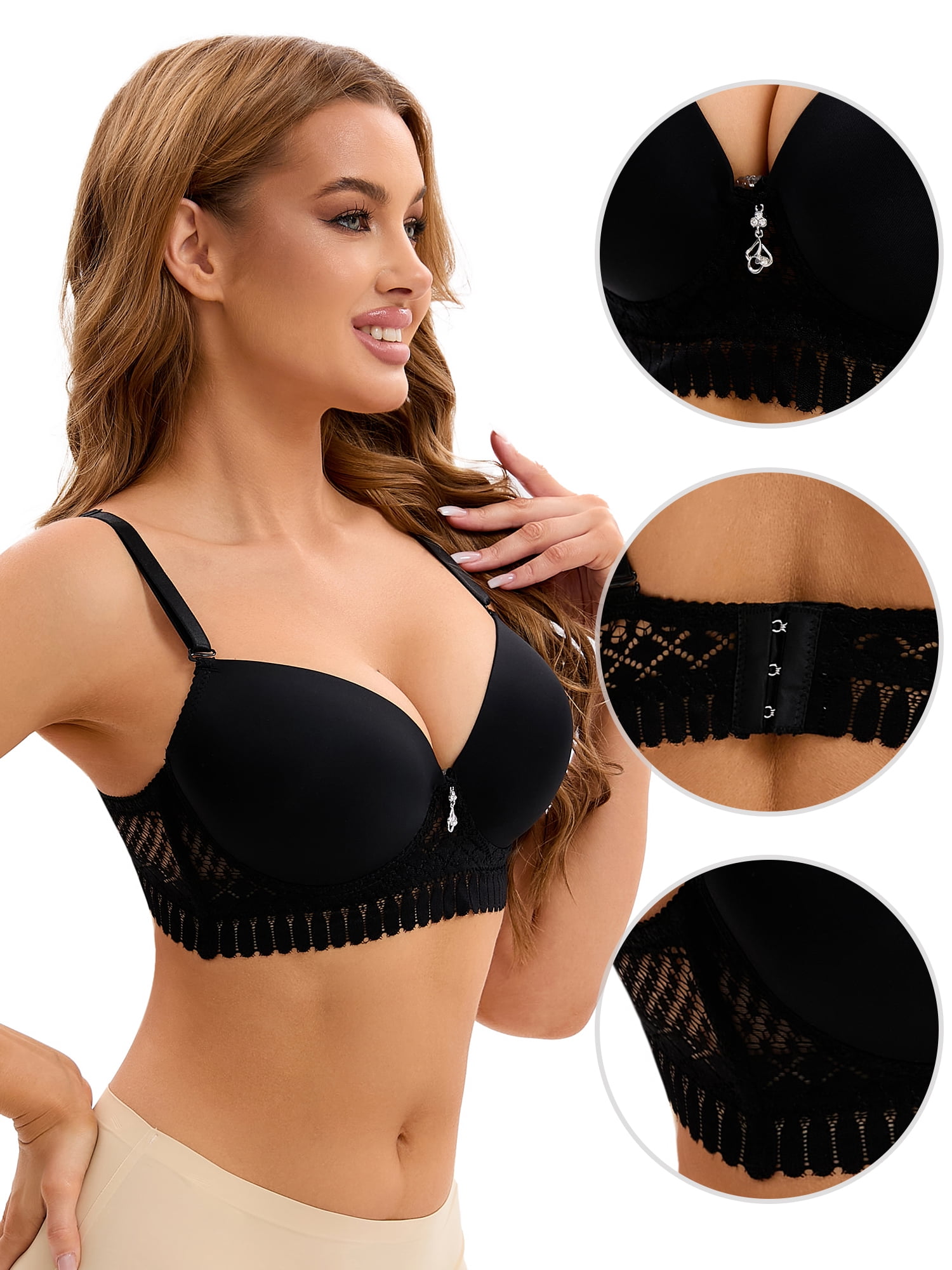 Unique Bargains Women's Adjustable Straps Lightweight Lace Trim Push Up Bras E 38 Black