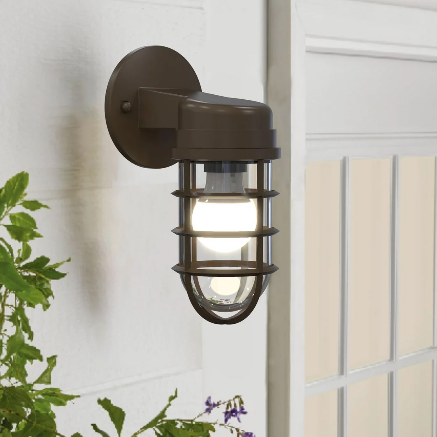 Better Homes & Gardens 10" Outdoor Wall Light, Bronze Metal Cage Jar Glass Shade, Bulb Not Included