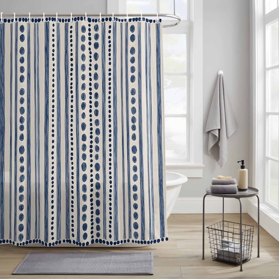 Bathroom Shower Curtain Modern Geometric Blue Stripe Dot Waterproof Shower Curtains with Hooks, Abstract Line Graffiti Beige Bath Curtains Bathtub Curtain Home Decor 36x72in