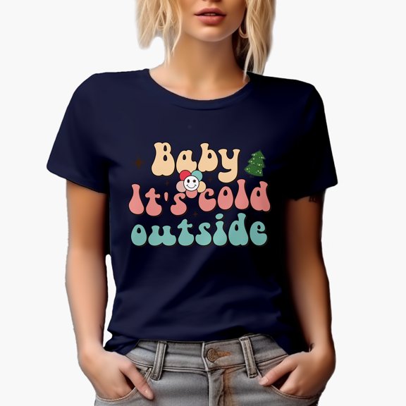 Retro Baby It's Cold Outside Magical Holiday Season Gift Idea, Navy Blue T-Shirt, Small