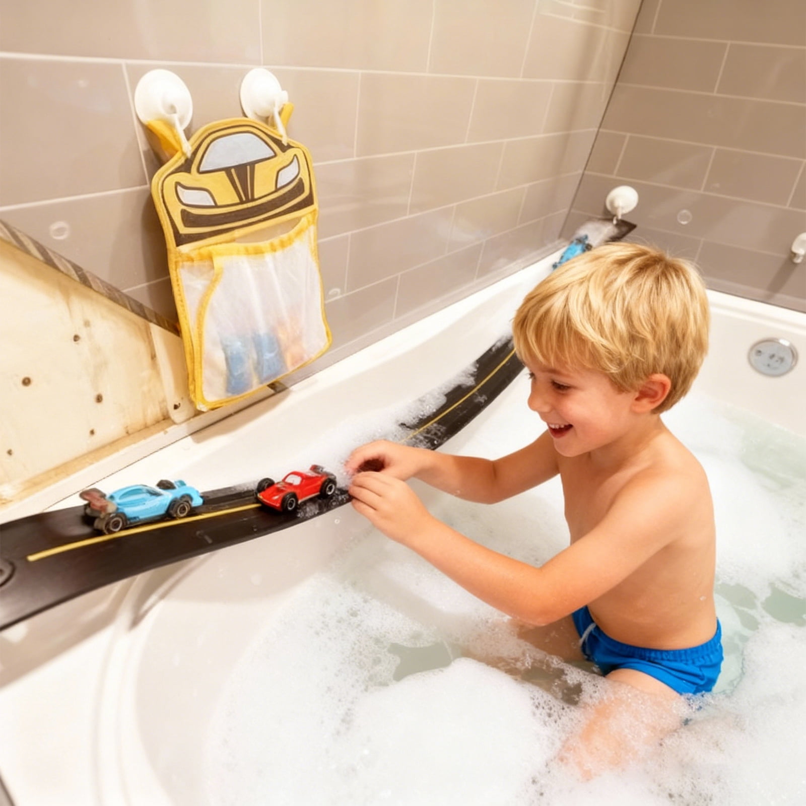 Dual Track Racing Car Suction Cup Slide Kids Bathroom Water Toy, Toddler Shower Time Distraction Interactive Water Table Play Routine, Non Toxic BPA Free Smooth Wall Mount Game For Babies Toddlers