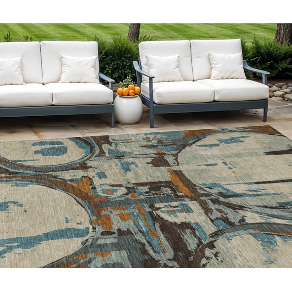 HomeRoots 589373 10 x 14 ft. Geometric Washable Indoor & Outdoor Rectangle Area Rug, Beige, Brown & Copper
