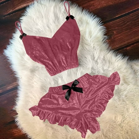 

WGOUP Women V-Neck Velvet Sexy Stain Camisole Pajamas Bowknot Shorts Set Pink(Buy 2 Get 1 Free)