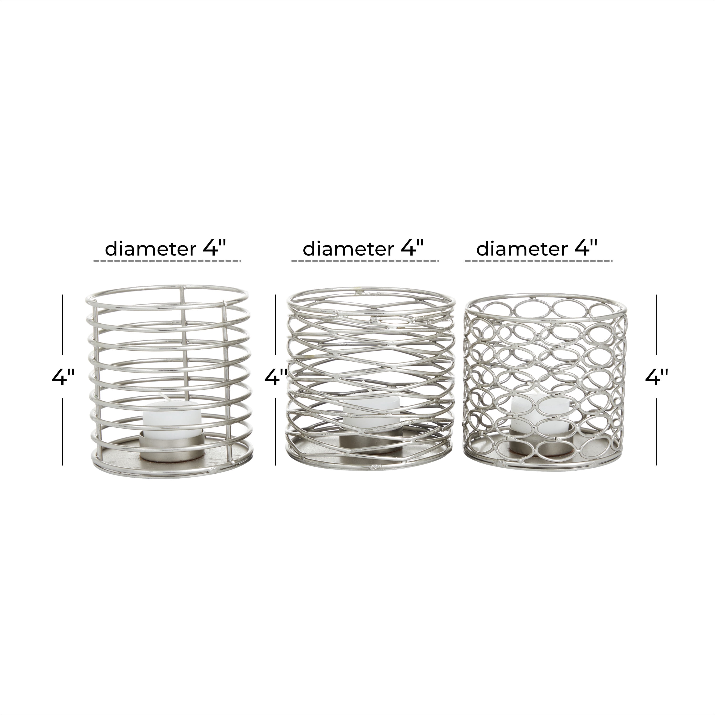 DecMode 4"W, 4"H Metal Glam Candle Holders, Silver, 3-Piece