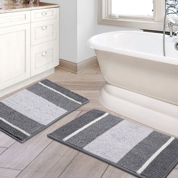 H.VERSAILTEX Striped Bath Rug Set Non Slip Bathroom Mat Chenille Water
