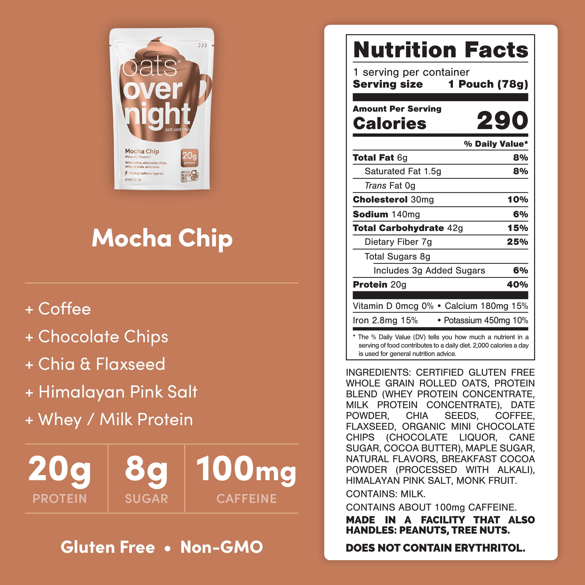 (3 pack) Oats Overnight Mocha Chip High-Protein Overnight Oatmeal Shakes, 2.7oz, 1 Pouch
