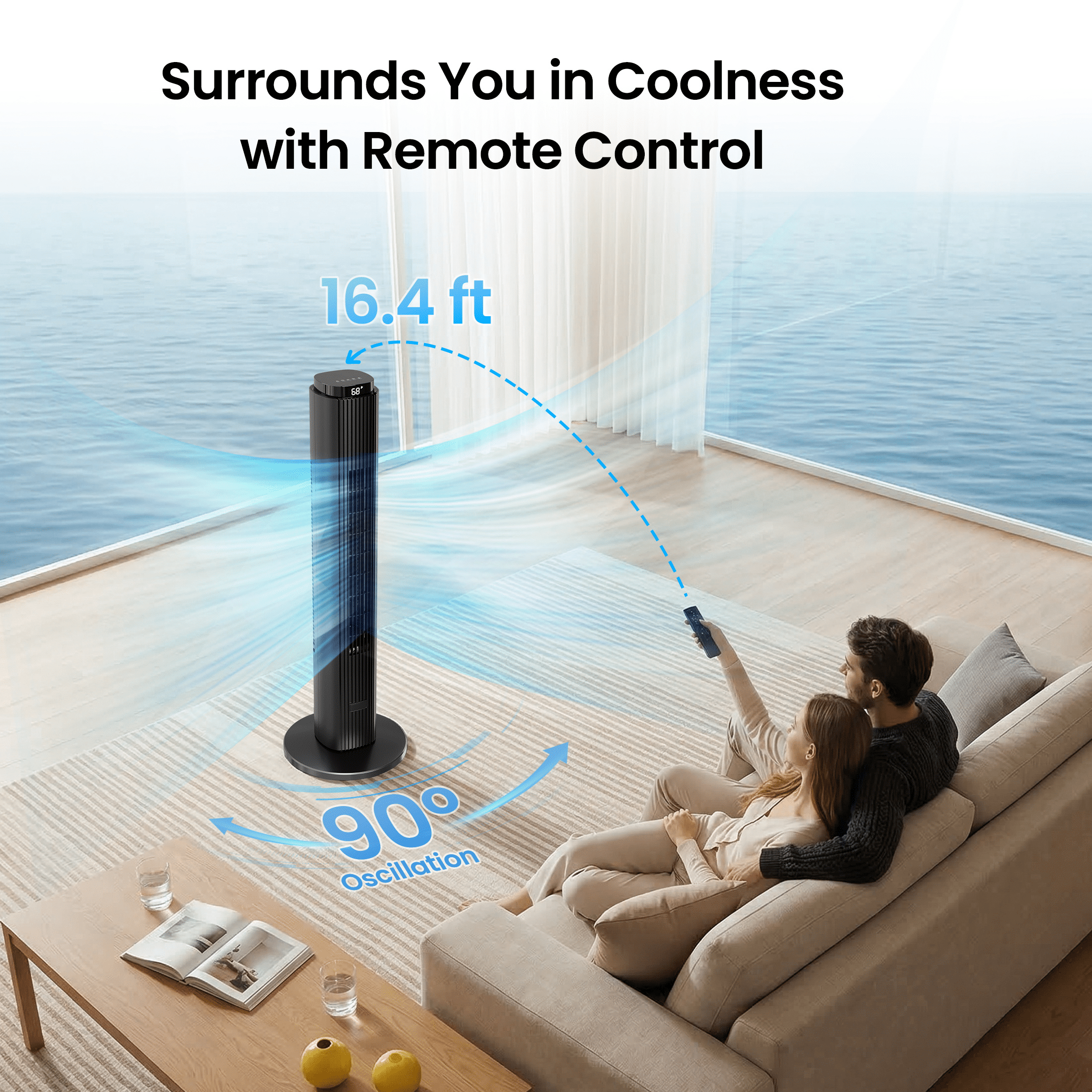 KISSAIR 37" Tower Fan with Remote, 6 Speeds, 4 Modes, LED Display, 12H Timer, 90° Oscillating, Bladeless Quiet Fan for Bedroom, Home & Office, Black