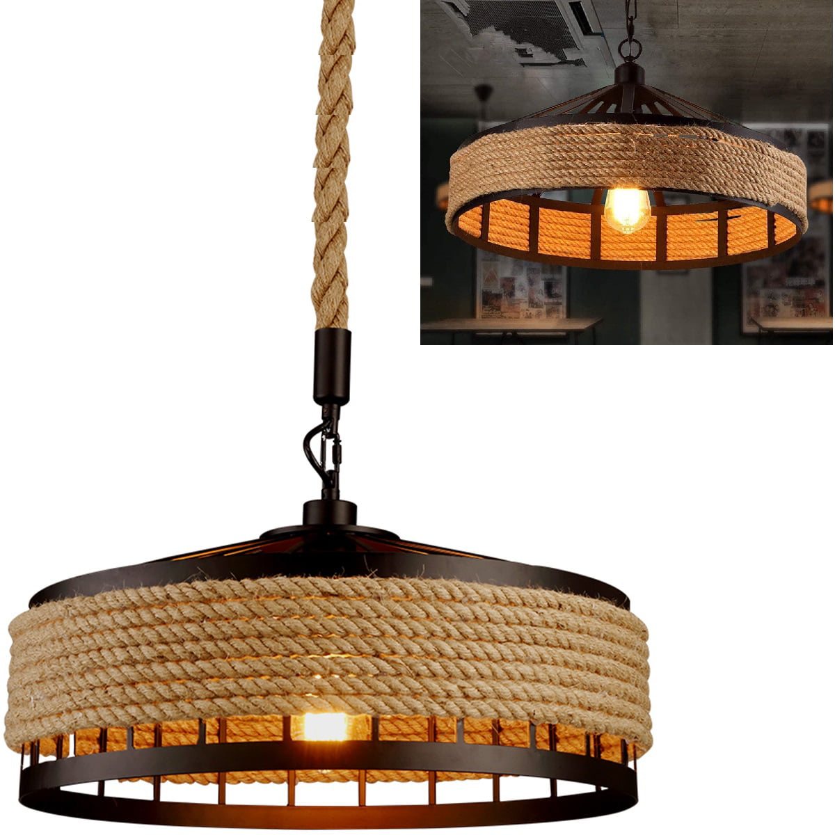Rustic Iron Hemp Rope Lamp Ceiling Chandelier Fixture Industrial Pendant Light 