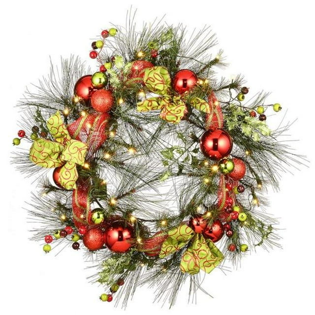 National Tree RAC-JS1901X30 30 in. Christmas Wreath With Red & Green Ornaments & 50 Warm White Battery Operated LED Lights