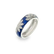 0.18 Carats Sterling Silver Blue Enamel Cz Daisy Ring, Ring Size 7