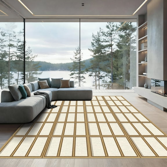 ODIKA 4' x 6' Machine Washable Non-Slip Area Rug, geometric geometric High Traffic Rug, Beige, 1012926