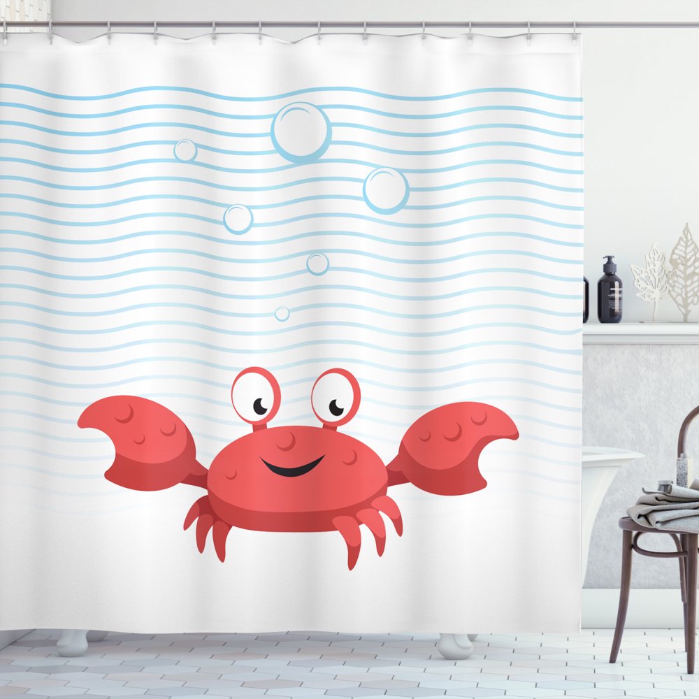 Hermit Crab Shower Curtain, Cartoon Style Smiling Crab Bubbly