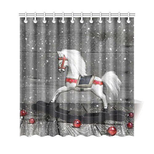 Gckg Old Wooden Horse Shower Curtain Shabby Chic Christmas Red