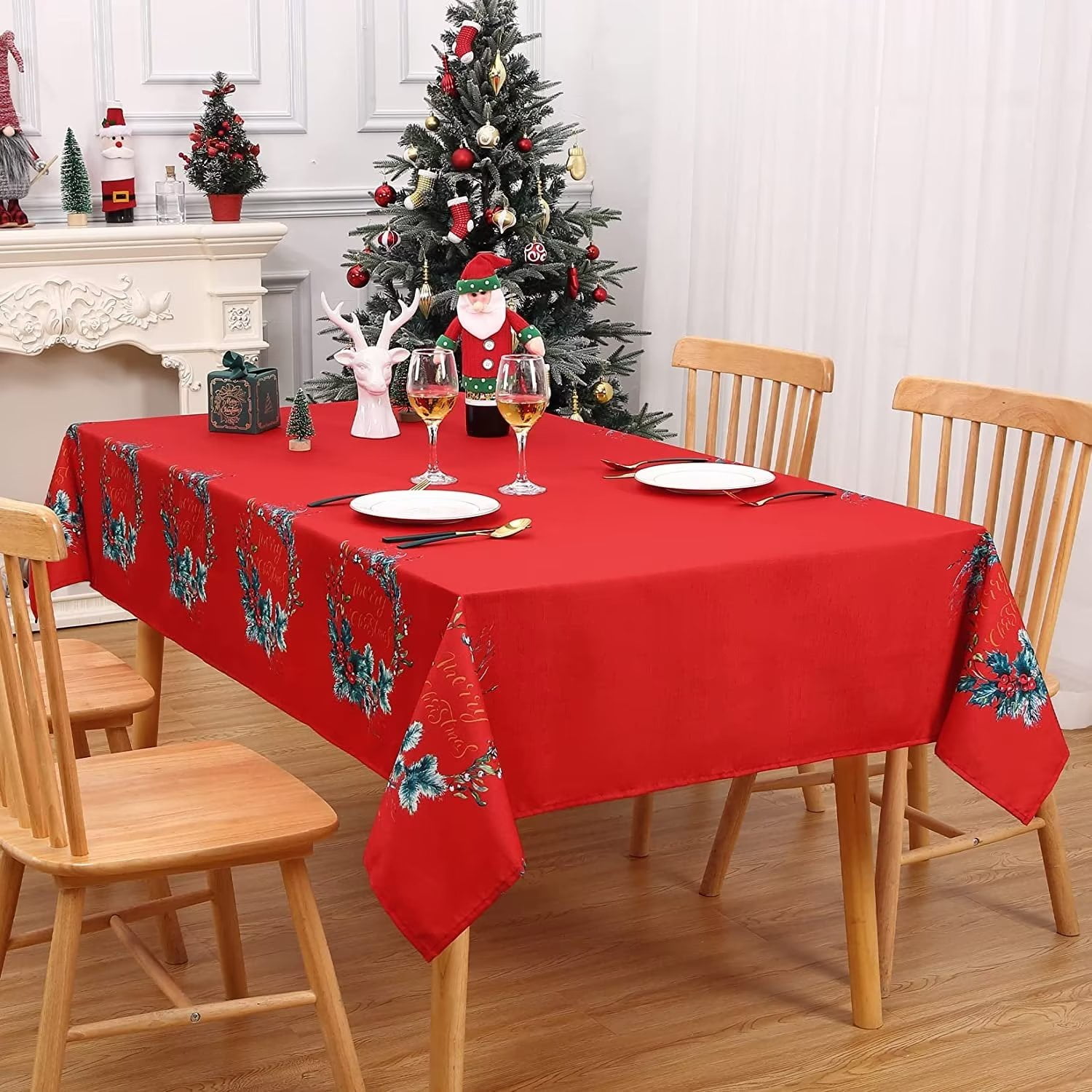 Assile Christmas Tablecloth Wreath Pattern Table Cover Waterproof