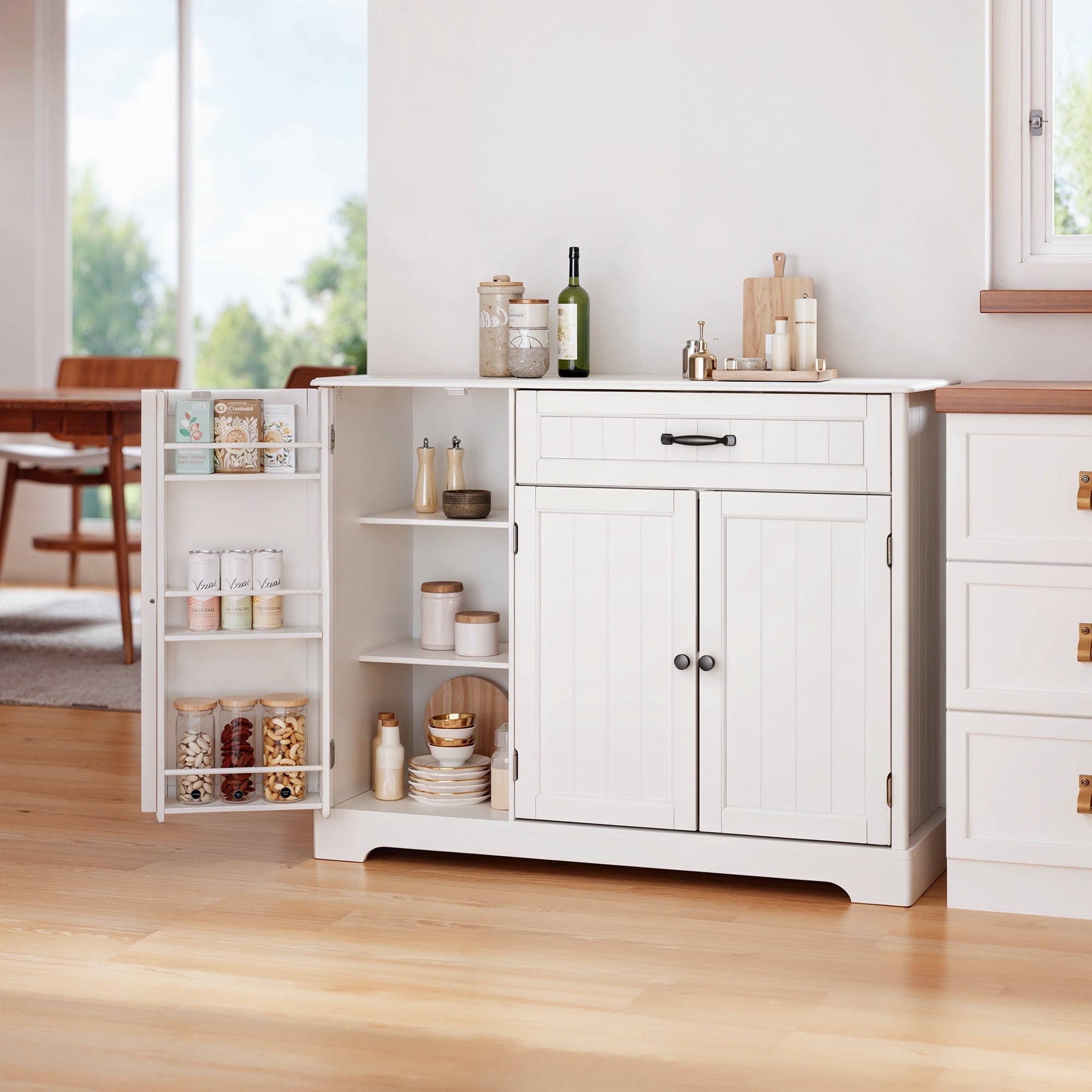 Asofer 42" Kitchen Storage Cabinet, Sideboard Buffet with 3 Doors & 1 Drawer & 8 Shelves, White