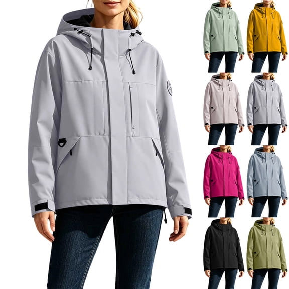 AnuYalue Women's Rain Jacket Hooded Hiking Jacket Softshell Windbreaker Fashion Zip Up Coat Hiking Travel Large Pockets