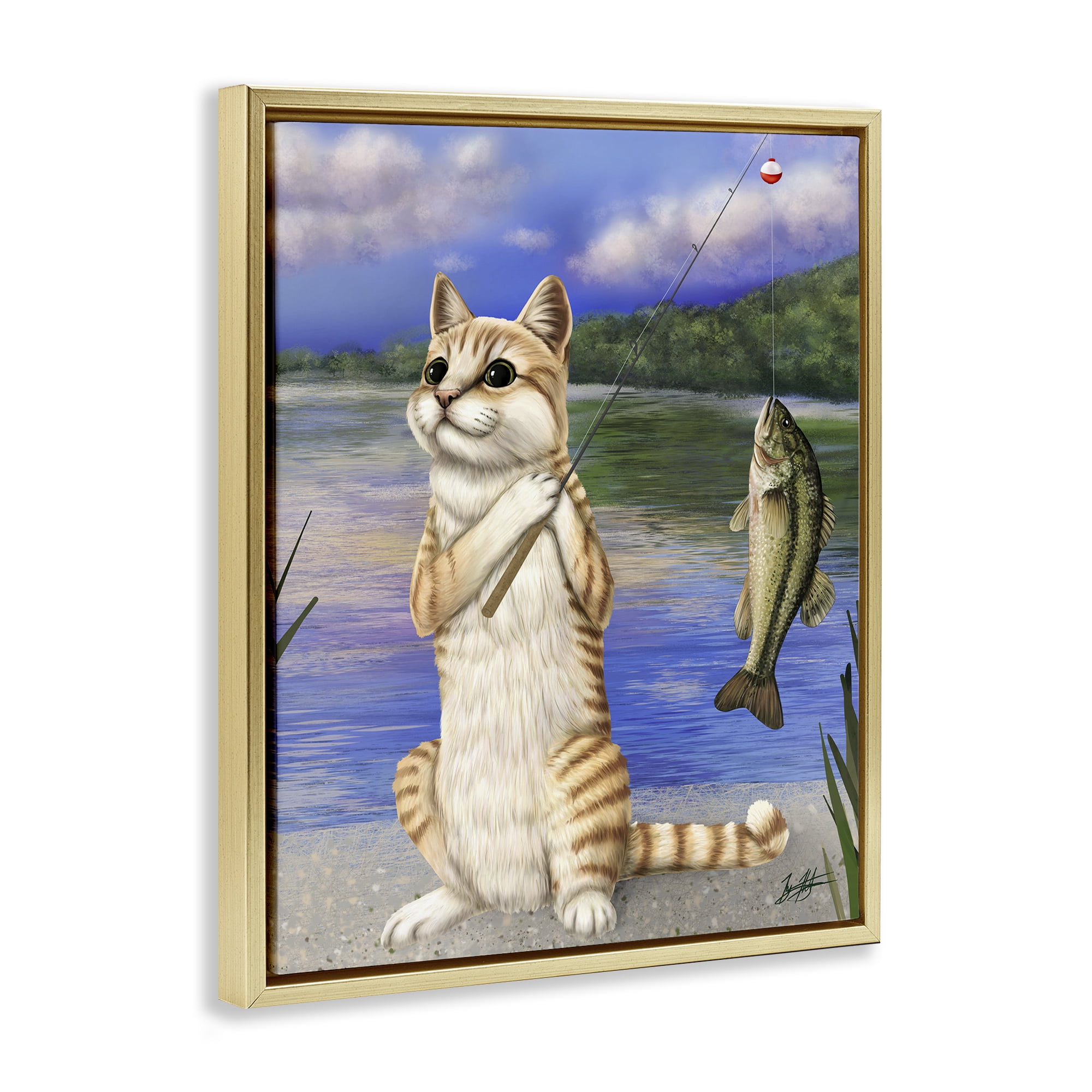 Stupell Industries Fishing Cat by Lake Animals & Insects Painting Gold Floater Framed Canvas Art Print Wall Art, 25 x 31